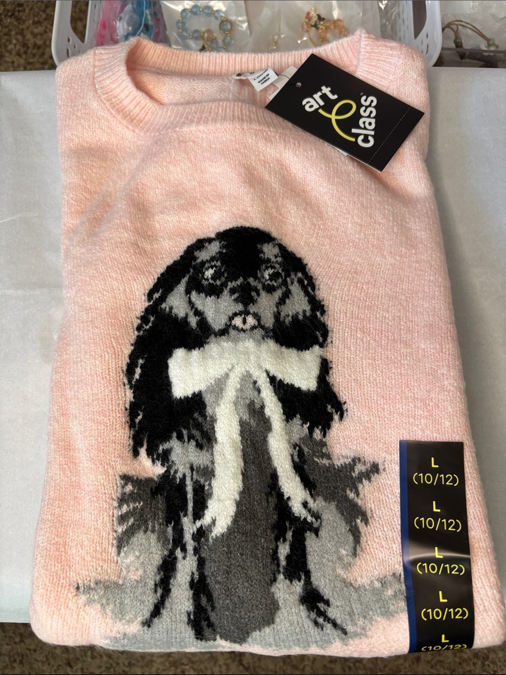 art class Pink Knit Sweater with Black and Gray Graphic